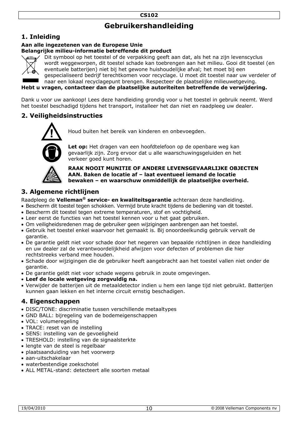 Gebruikershandleiding | Velleman CS102 User Manual | Page 10 / 52