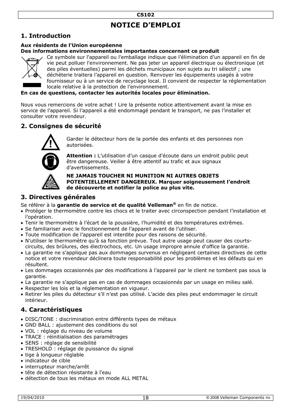 Notice d’emploi | Velleman CS102 User Manual | Page 18 / 52