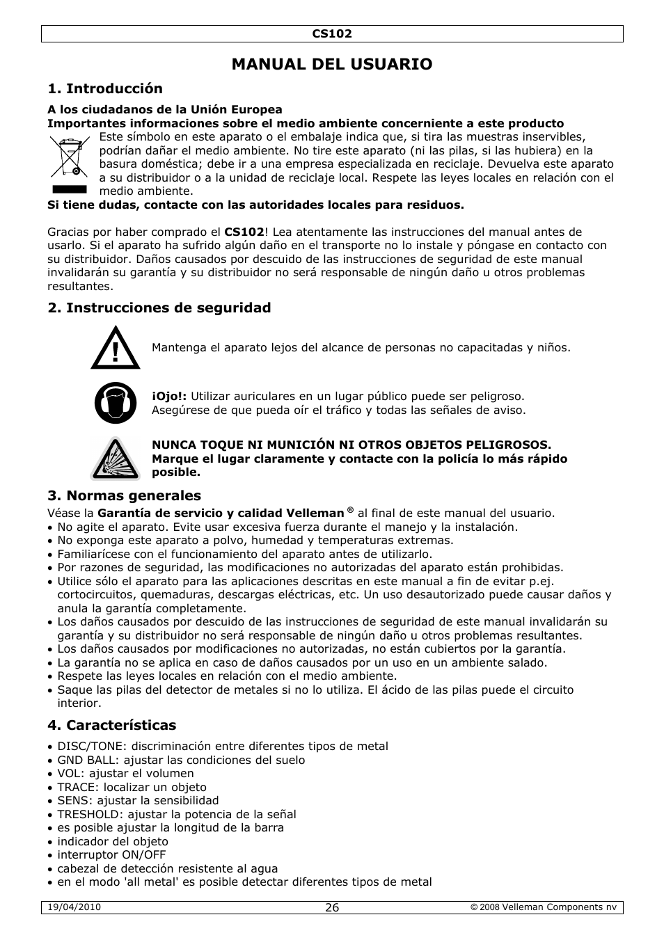 Manual del usuario | Velleman CS102 User Manual | Page 26 / 52