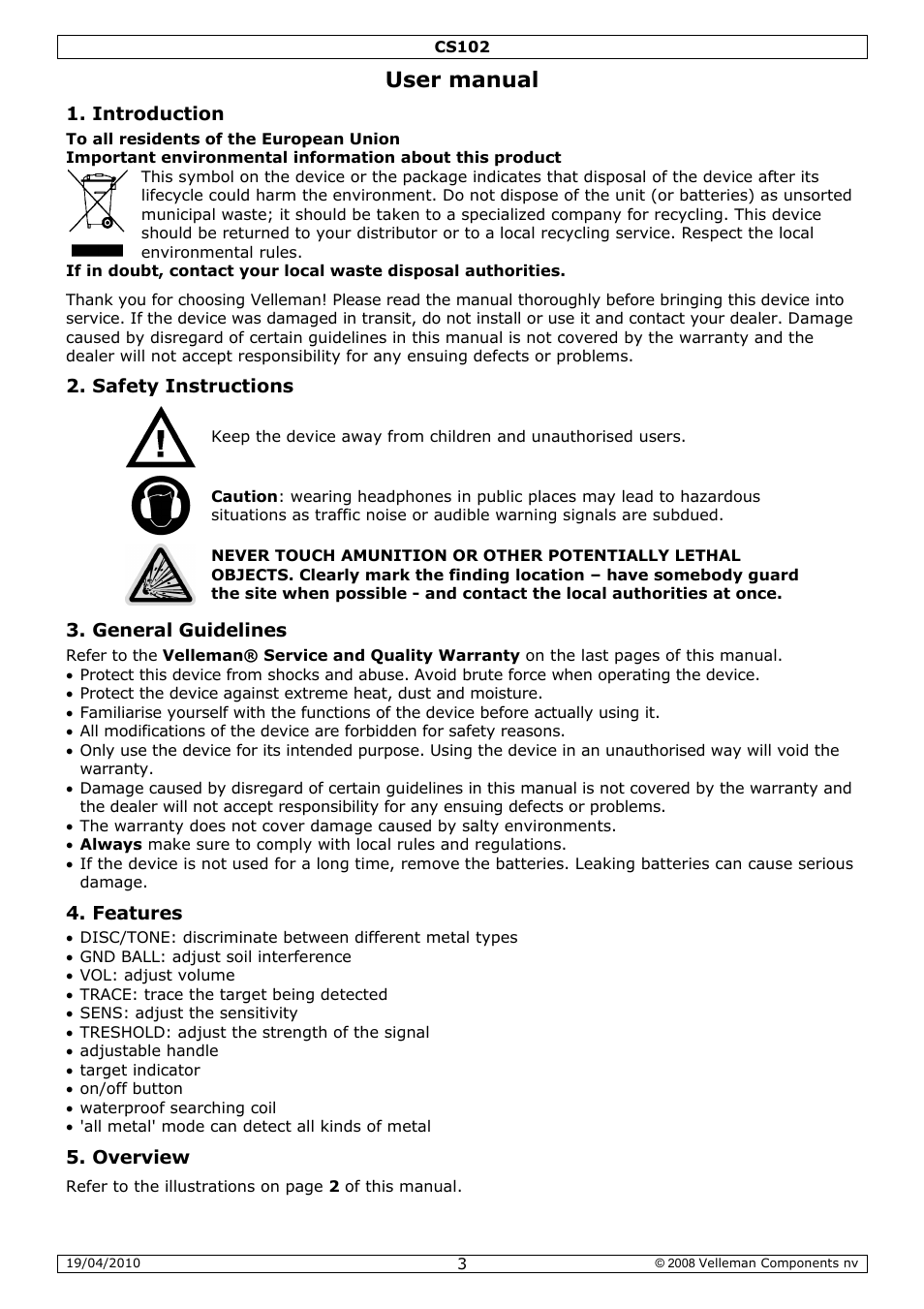 User manual | Velleman CS102 User Manual | Page 3 / 52