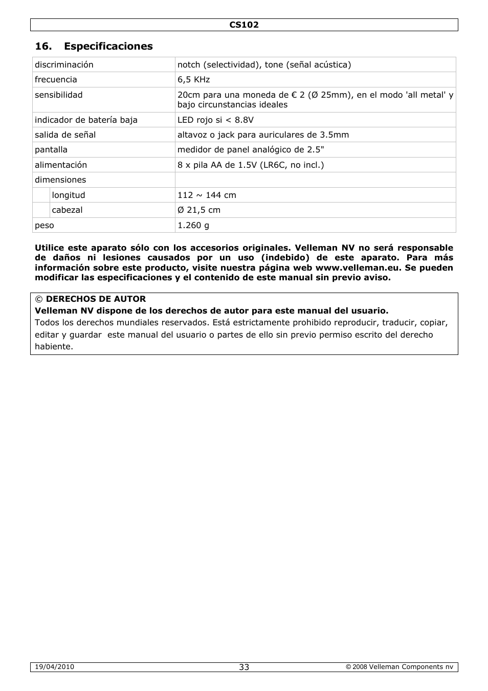 Velleman CS102 User Manual | Page 33 / 52