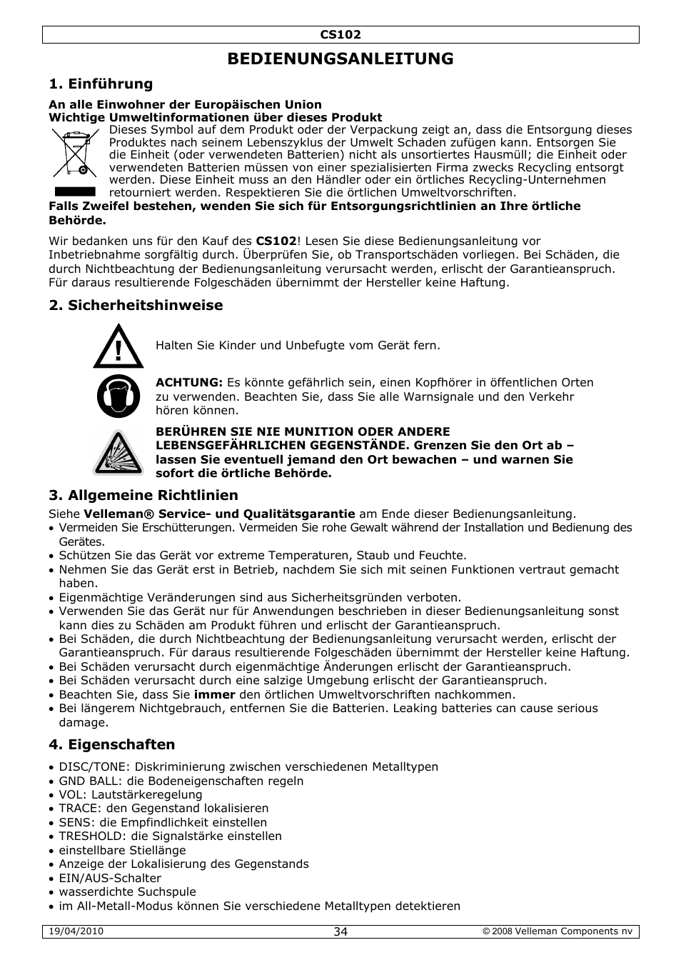 Bedienungsanleitung | Velleman CS102 User Manual | Page 34 / 52