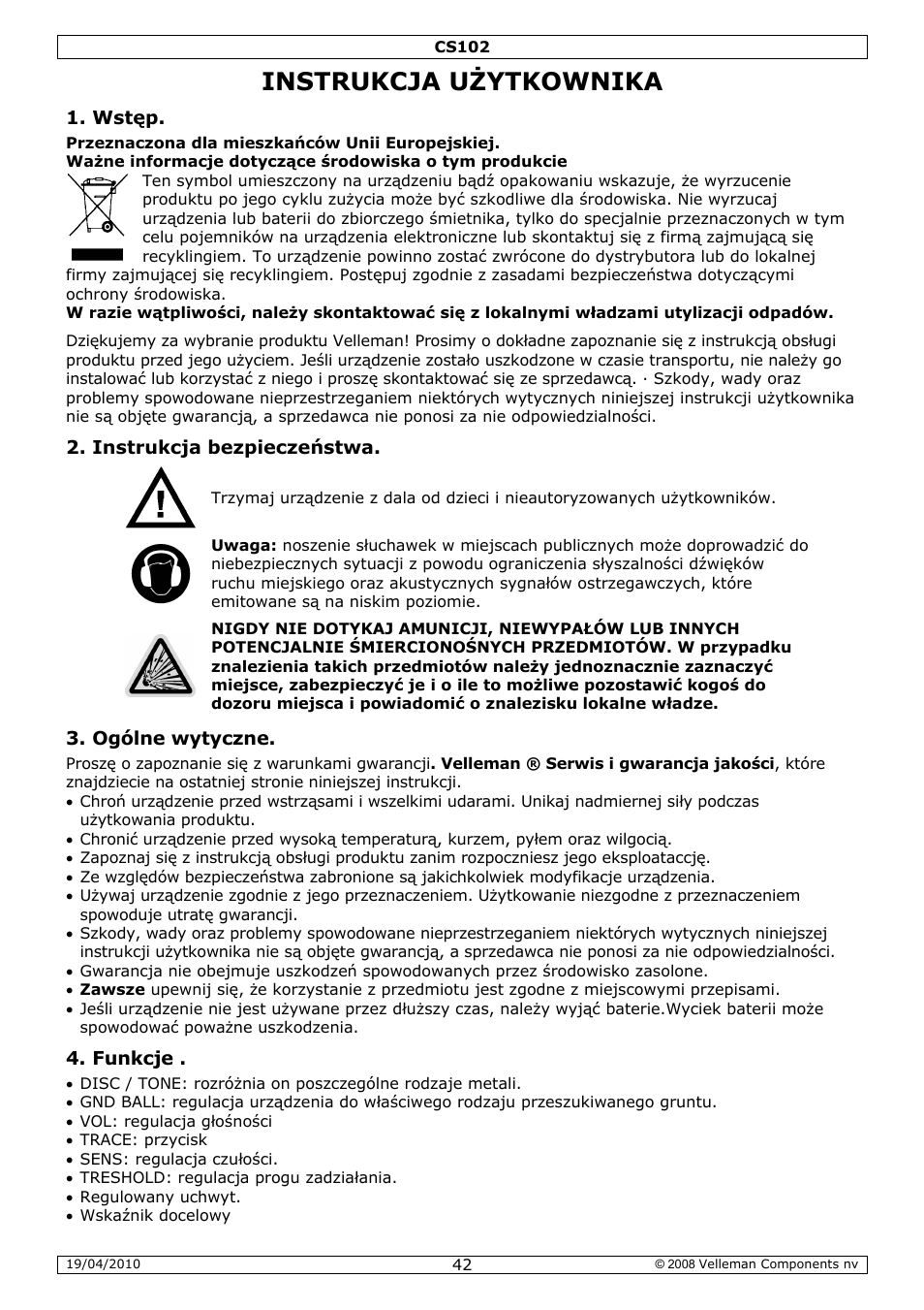 Instrukcja użytkownika | Velleman CS102 User Manual | Page 42 / 52