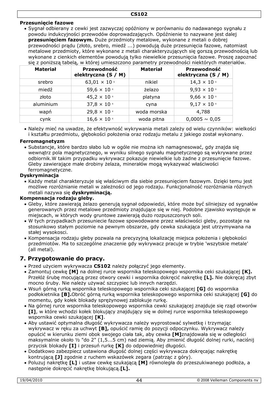 Przygotowanie do pracy | Velleman CS102 User Manual | Page 44 / 52