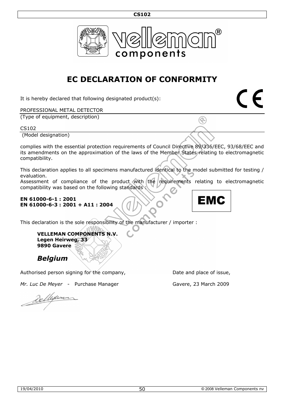 Ec declaration of conformity, Belgium | Velleman CS102 User Manual | Page 50 / 52