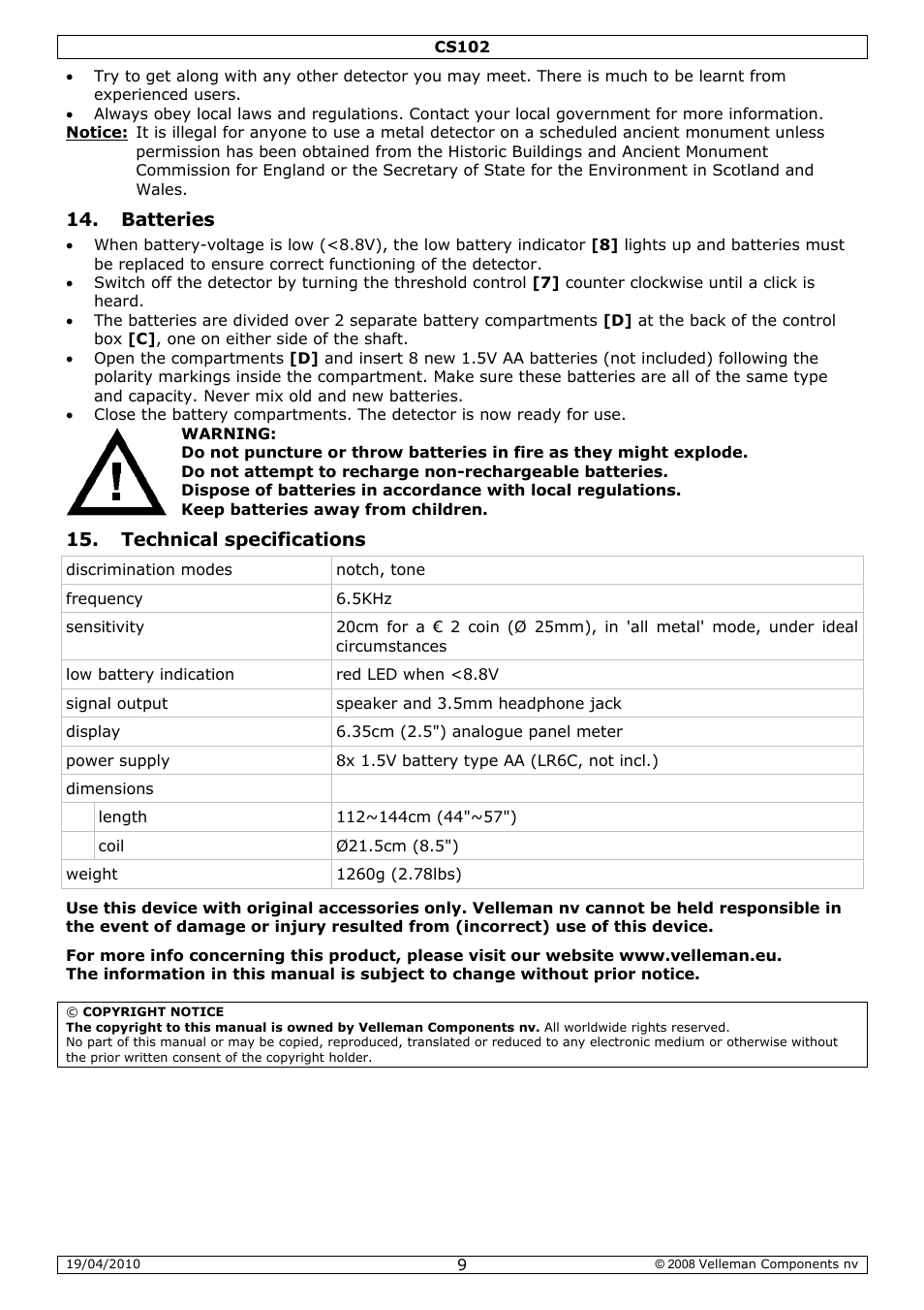 Batteries, Technical specifications | Velleman CS102 User Manual | Page 9 / 52