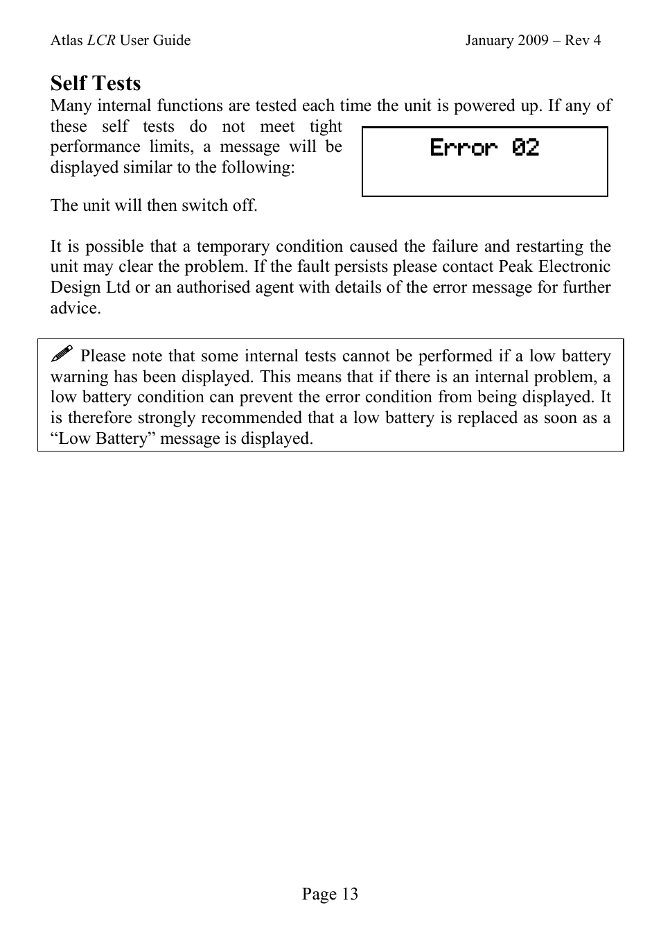 Self tests, Error 02 | Velleman LCR40 User Manual | Page 13 / 20