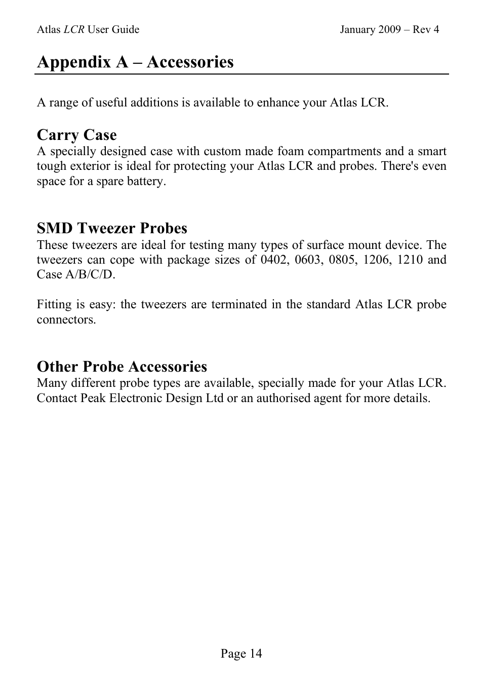 Appendix a – accessories, Carry case, Smd tweezer probes | Other probe accessories | Velleman LCR40 User Manual | Page 14 / 20