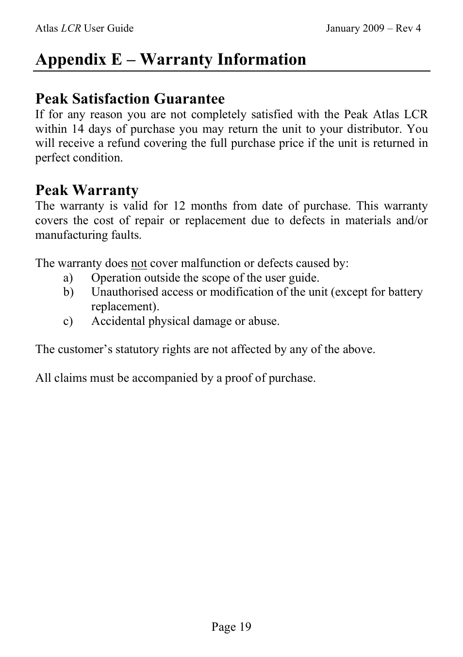 Appendix e – warranty information, Peak satisfaction guarantee, Peak warranty | Velleman LCR40 User Manual | Page 19 / 20