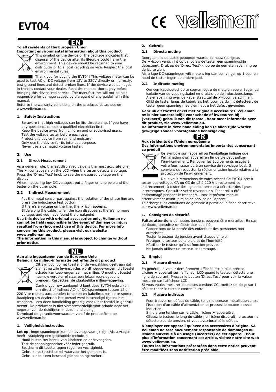 Velleman EVT04 User Manual | 2 pages