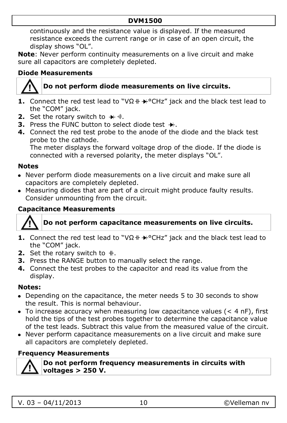 Diode measurements, Notes, Capacitance measurements | Frequency measurements | Velleman DVM1500 User Manual | Page 10 / 104
