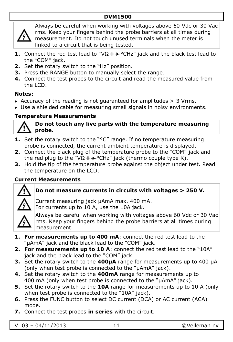 Notes, Temperature measurements, Current measurements | Velleman DVM1500 User Manual | Page 11 / 104