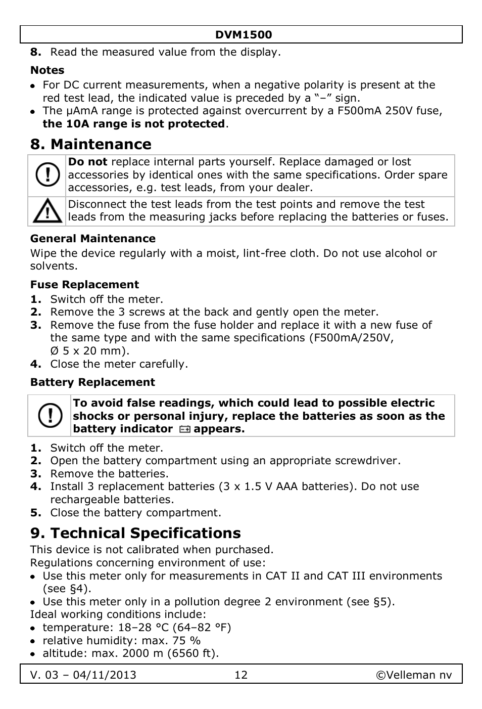 Notes, Maintenance, General maintenance | Fuse replacement, Battery replacement, Technical specifications | Velleman DVM1500 User Manual | Page 12 / 104