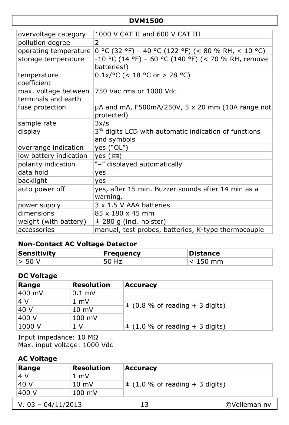 Non-contact ac voltage detector, Dc voltage, Ac voltage | Velleman DVM1500 User Manual | Page 13 / 104