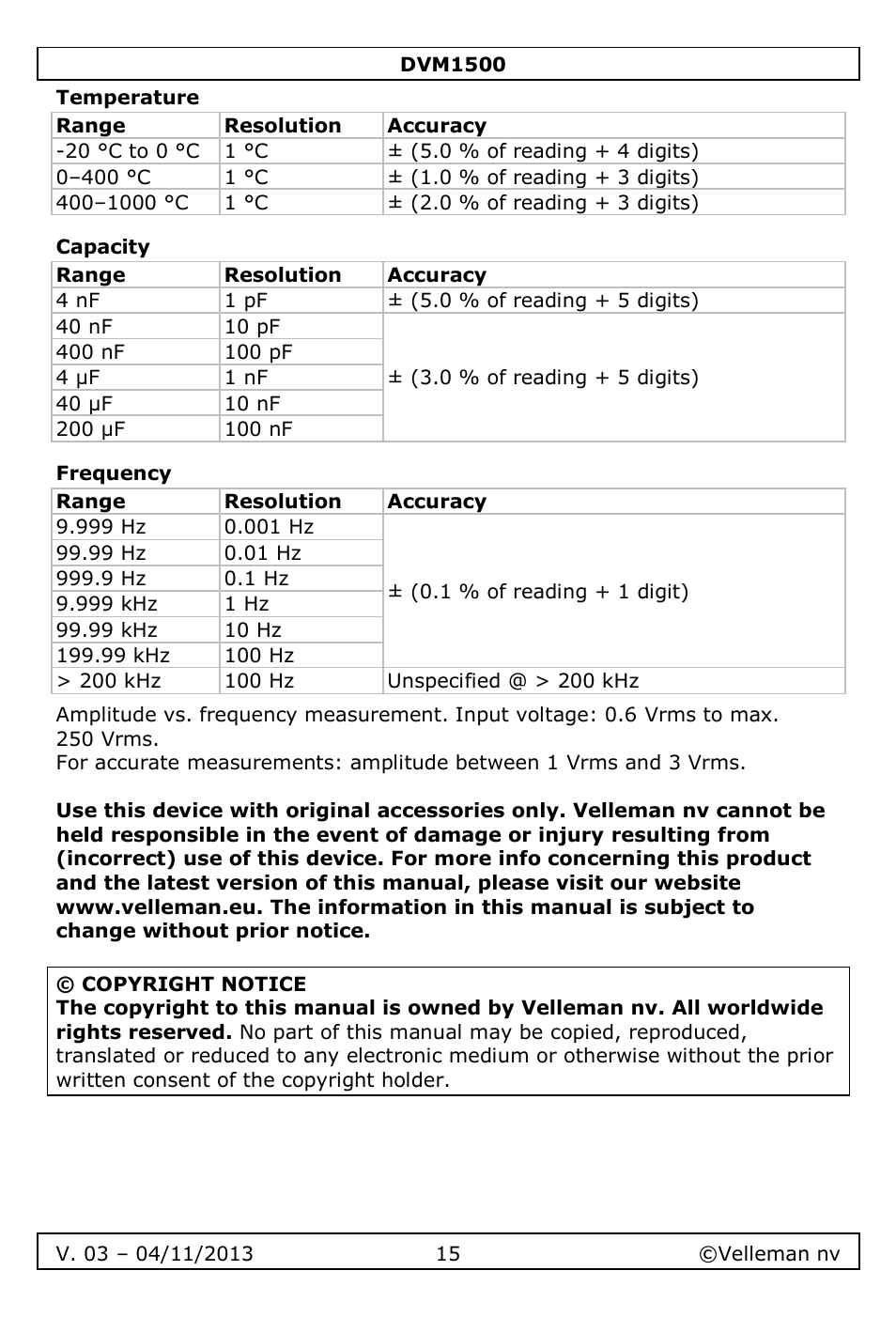 Temperature, Capacity, Frequency | Velleman DVM1500 User Manual | Page 15 / 104