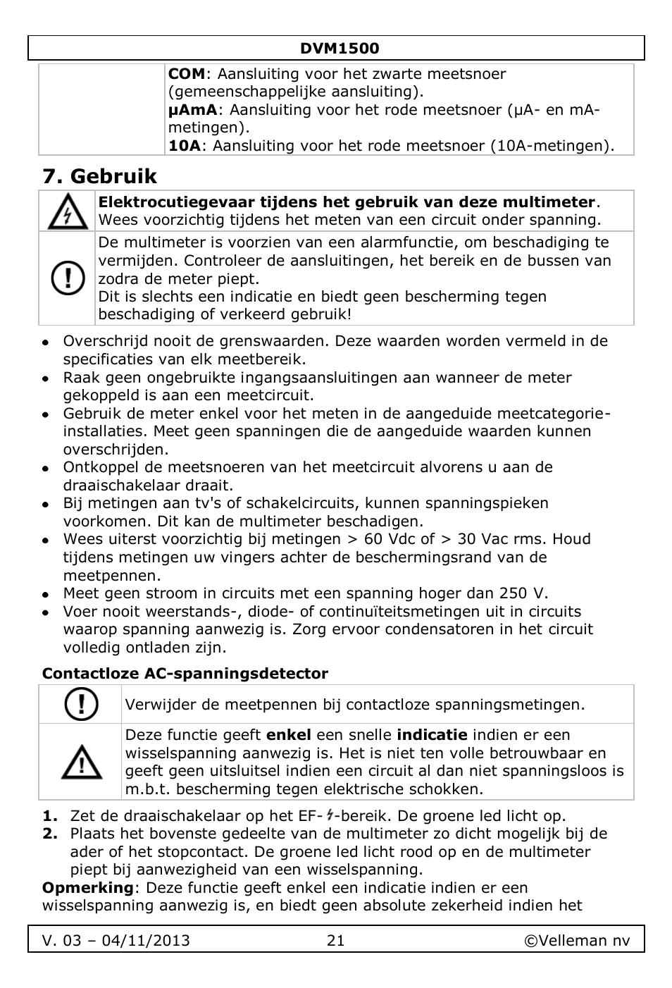 Gebruik, Contactloze ac-spanningsdetector | Velleman DVM1500 User Manual | Page 21 / 104