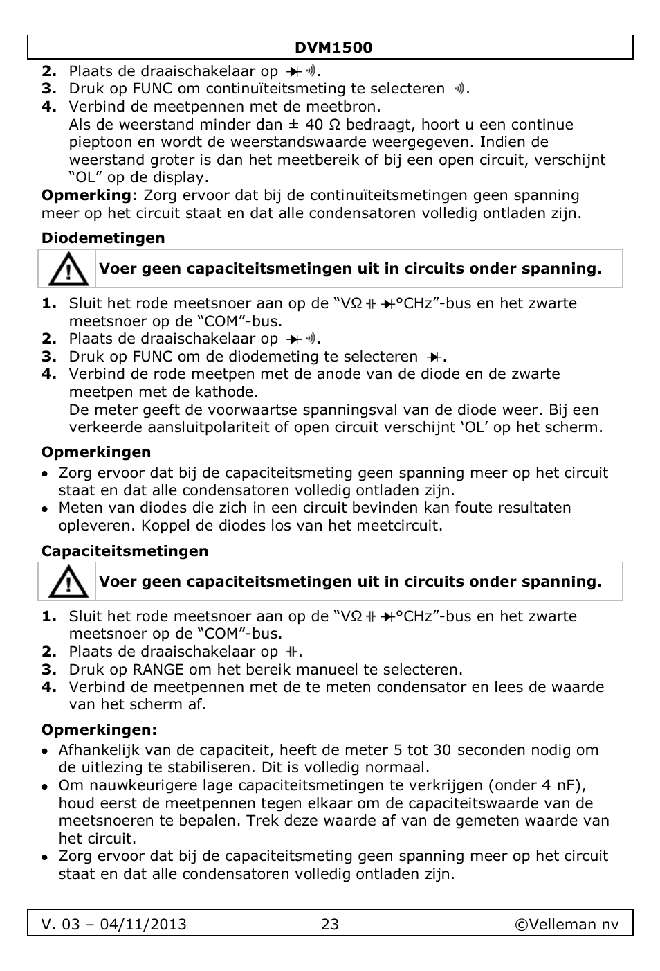 Diodemetingen, Opmerkingen, Capaciteitsmetingen | Velleman DVM1500 User Manual | Page 23 / 104