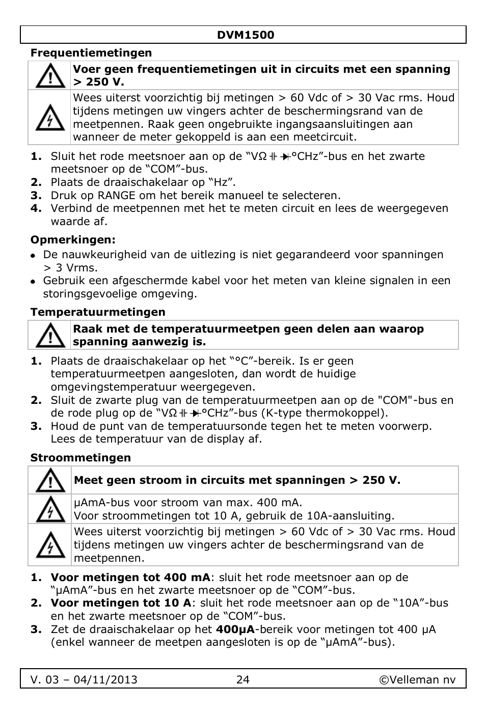 Frequentiemetingen, Opmerkingen, Temperatuurmetingen | Stroommetingen | Velleman DVM1500 User Manual | Page 24 / 104