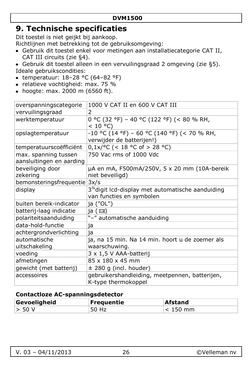 Technische specificaties, Contactloze ac-spanningsdetector | Velleman DVM1500 User Manual | Page 26 / 104