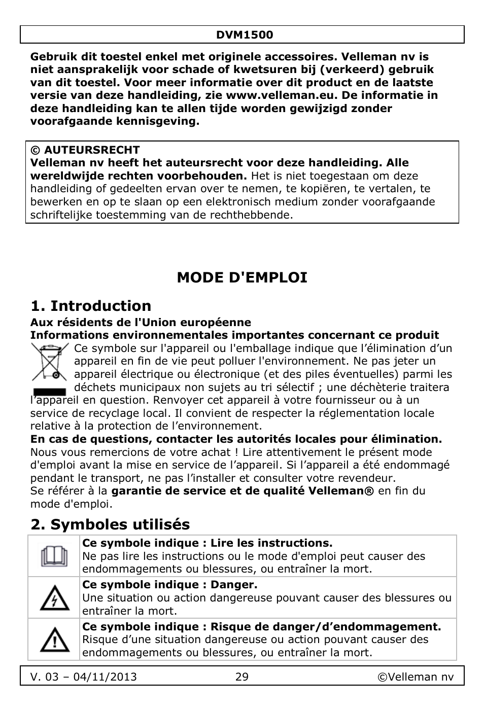 Mode d'emploi, Introduction, Symboles utilisés | Mode d'emploi 1. introduction | Velleman DVM1500 User Manual | Page 29 / 104