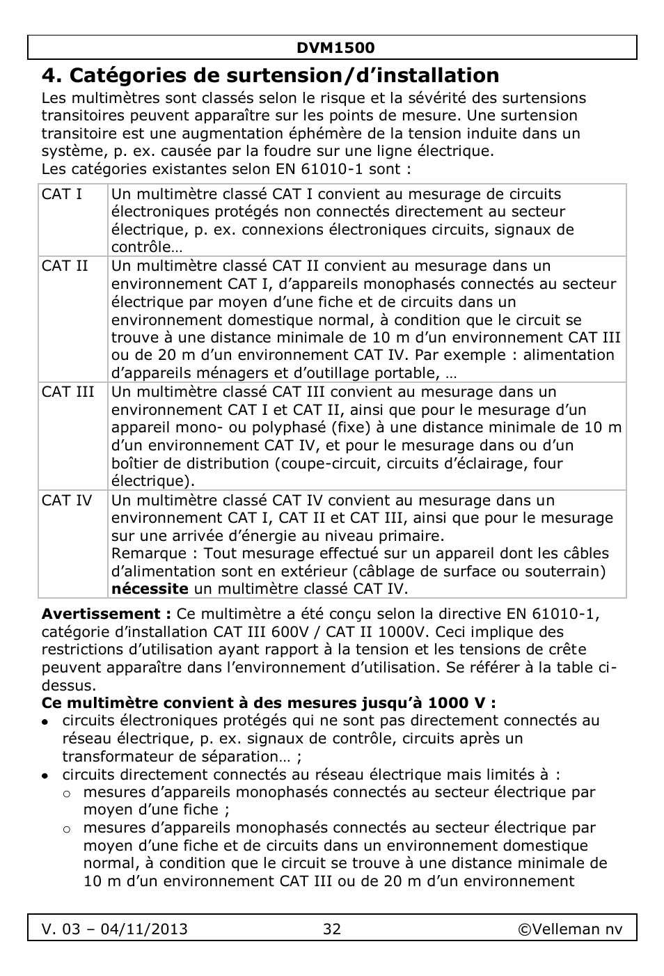 Catégories de surtension/d’installation | Velleman DVM1500 User Manual | Page 32 / 104