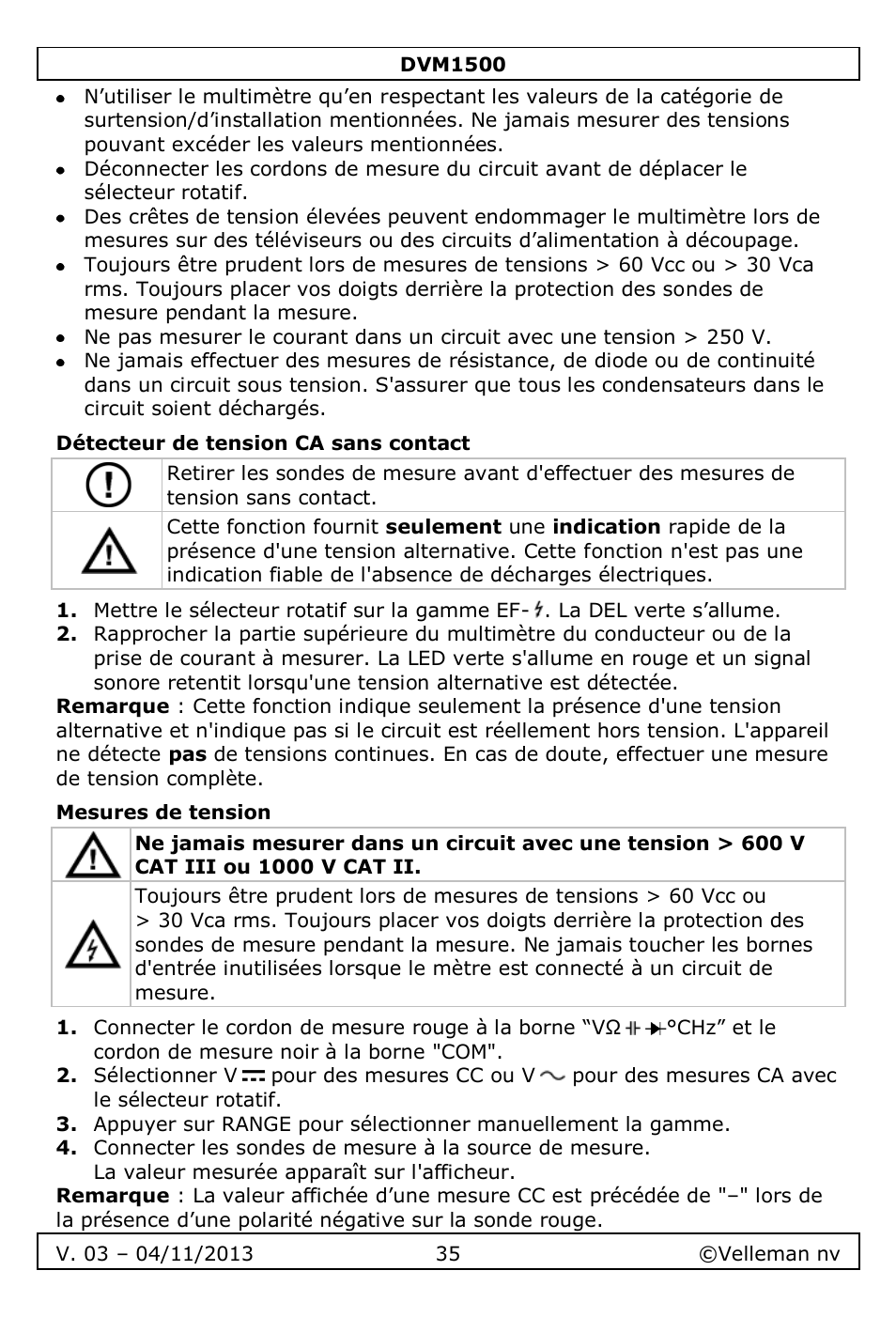 Détecteur de tension ca sans contact, Mesures de tension | Velleman DVM1500 User Manual | Page 35 / 104