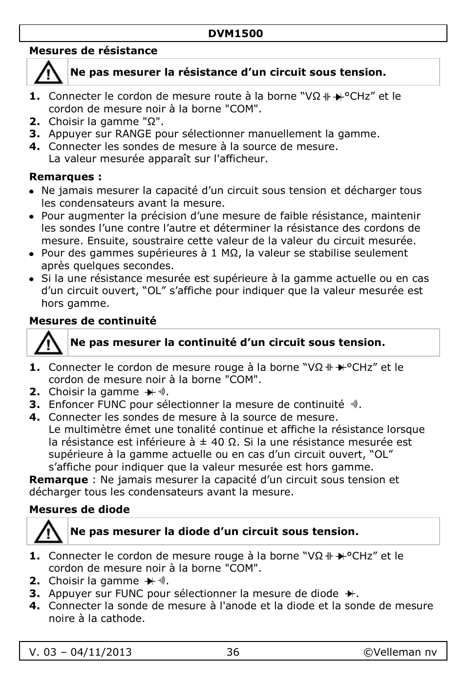 Mesures de résistance, Remarques, Mesures de continuité | Mesures de diode | Velleman DVM1500 User Manual | Page 36 / 104