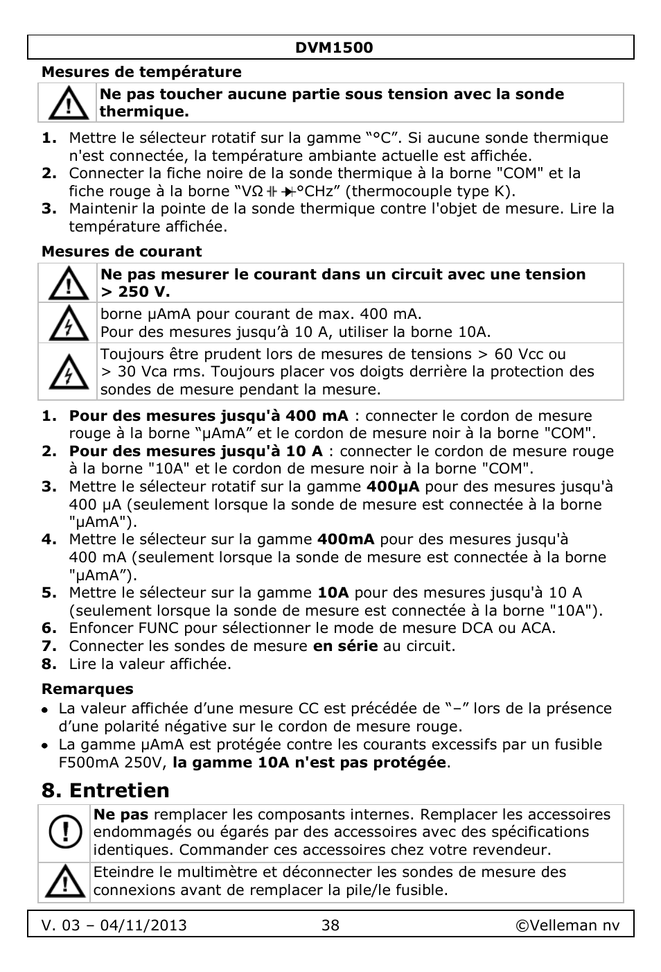 Mesures de température, Mesures de courant, Remarques | Entretien | Velleman DVM1500 User Manual | Page 38 / 104