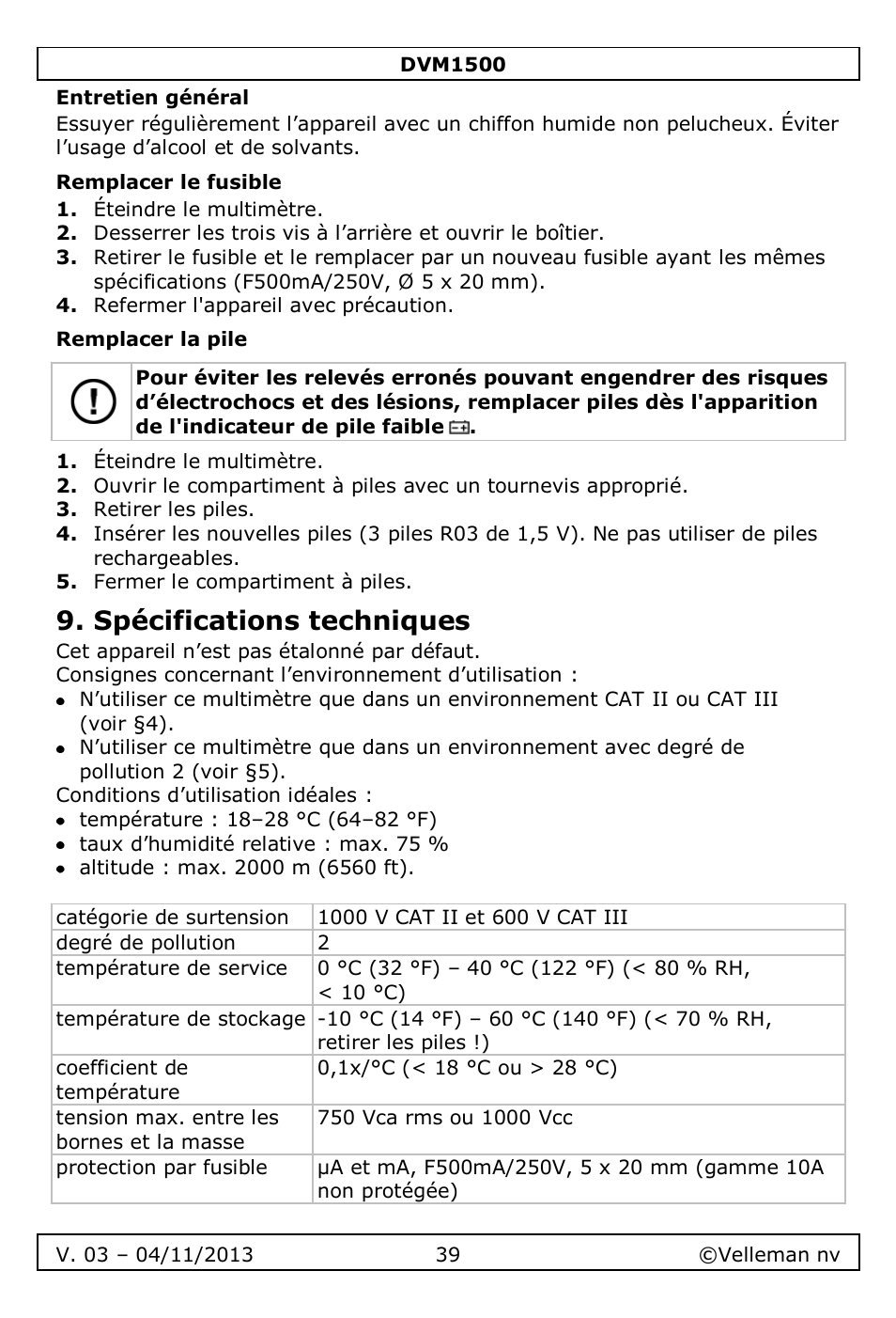 Entretien général, Remplacer le fusible, Remplacer la pile | Spécifications techniques | Velleman DVM1500 User Manual | Page 39 / 104