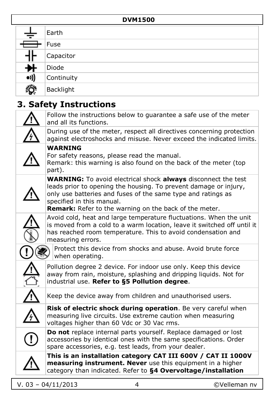 Safety instructions | Velleman DVM1500 User Manual | Page 4 / 104