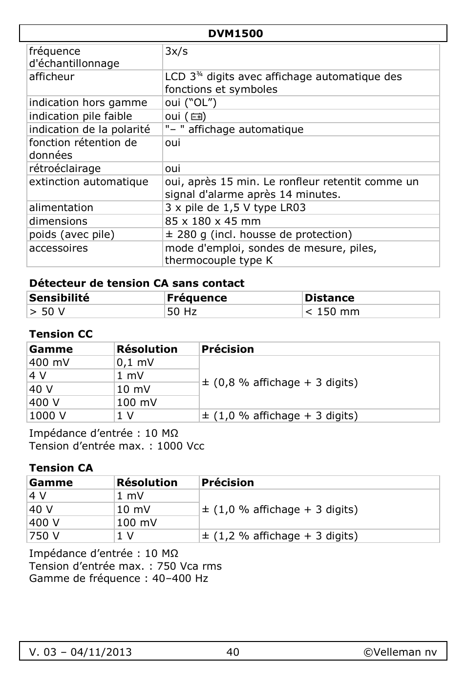 Détecteur de tension ca sans contact, Tension cc, Tension ca | Velleman DVM1500 User Manual | Page 40 / 104