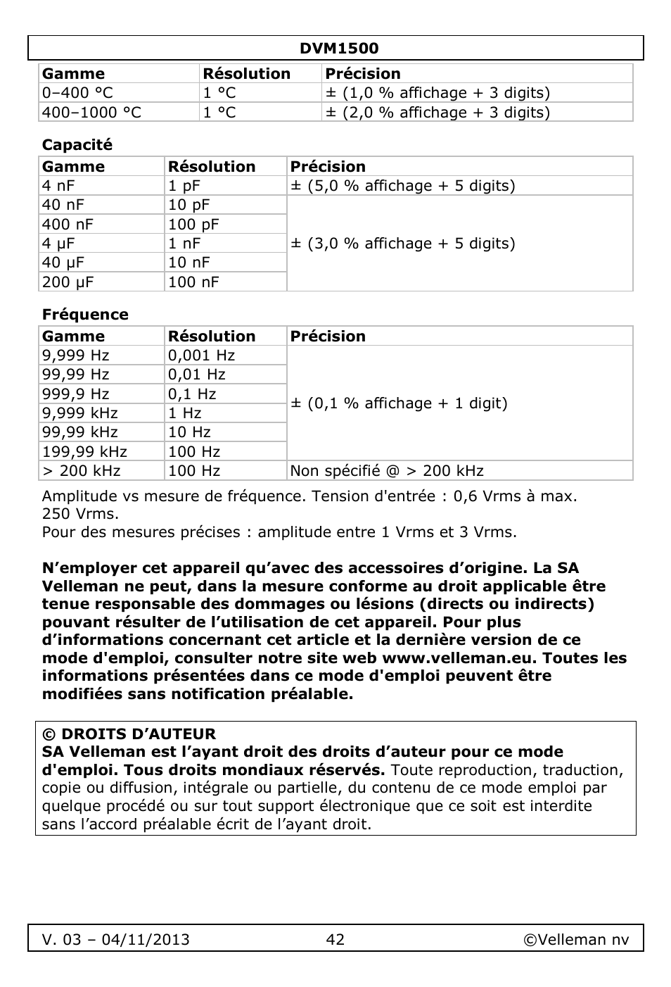 Capacité, Fréquence | Velleman DVM1500 User Manual | Page 42 / 104