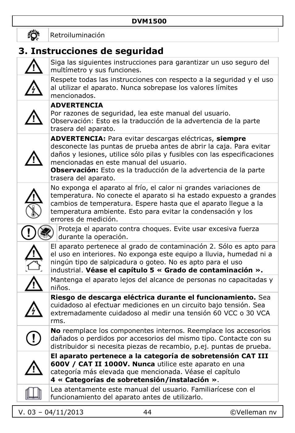 Instrucciones de seguridad | Velleman DVM1500 User Manual | Page 44 / 104