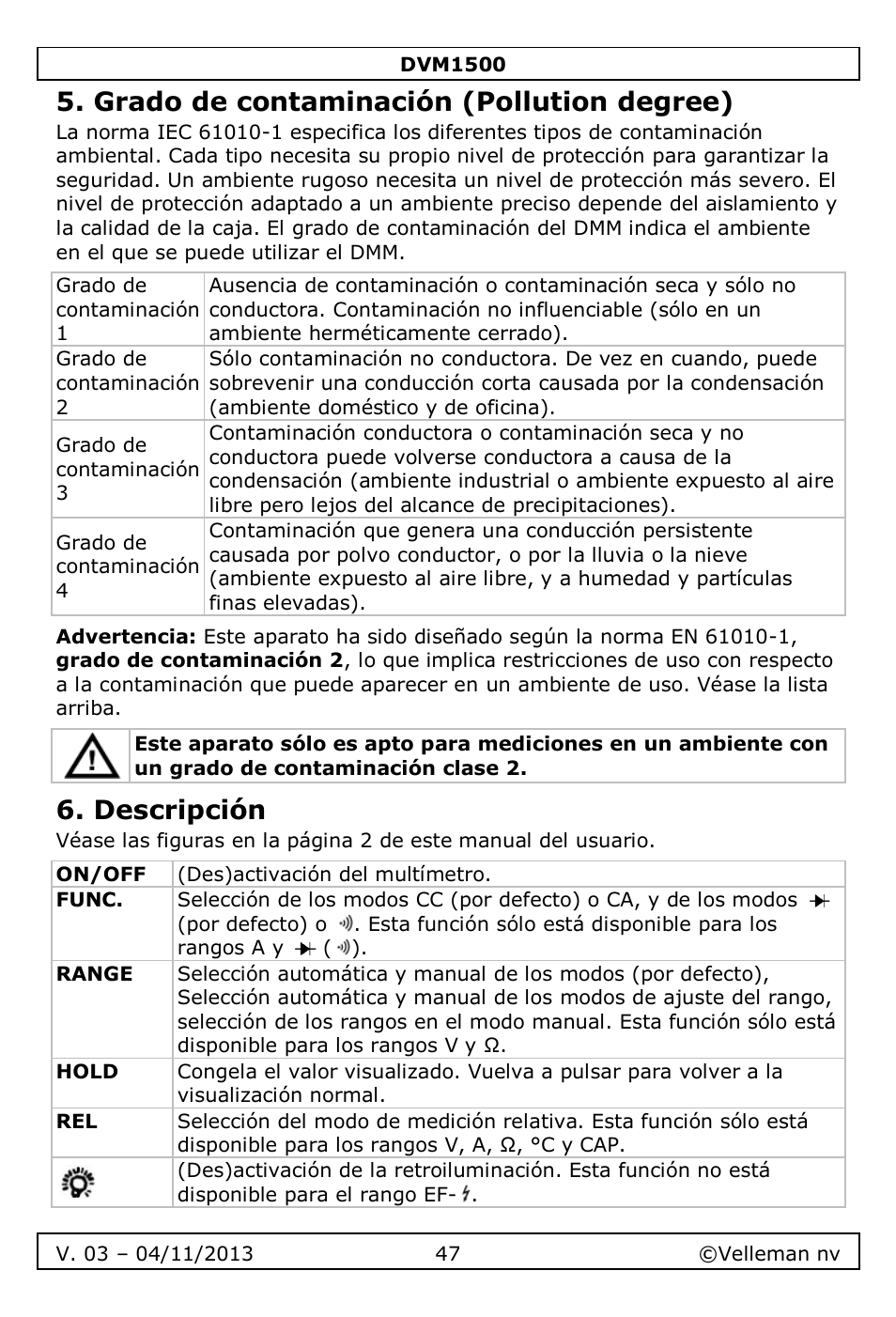 Grado de contaminación (pollution degree), Descripción | Velleman DVM1500 User Manual | Page 47 / 104