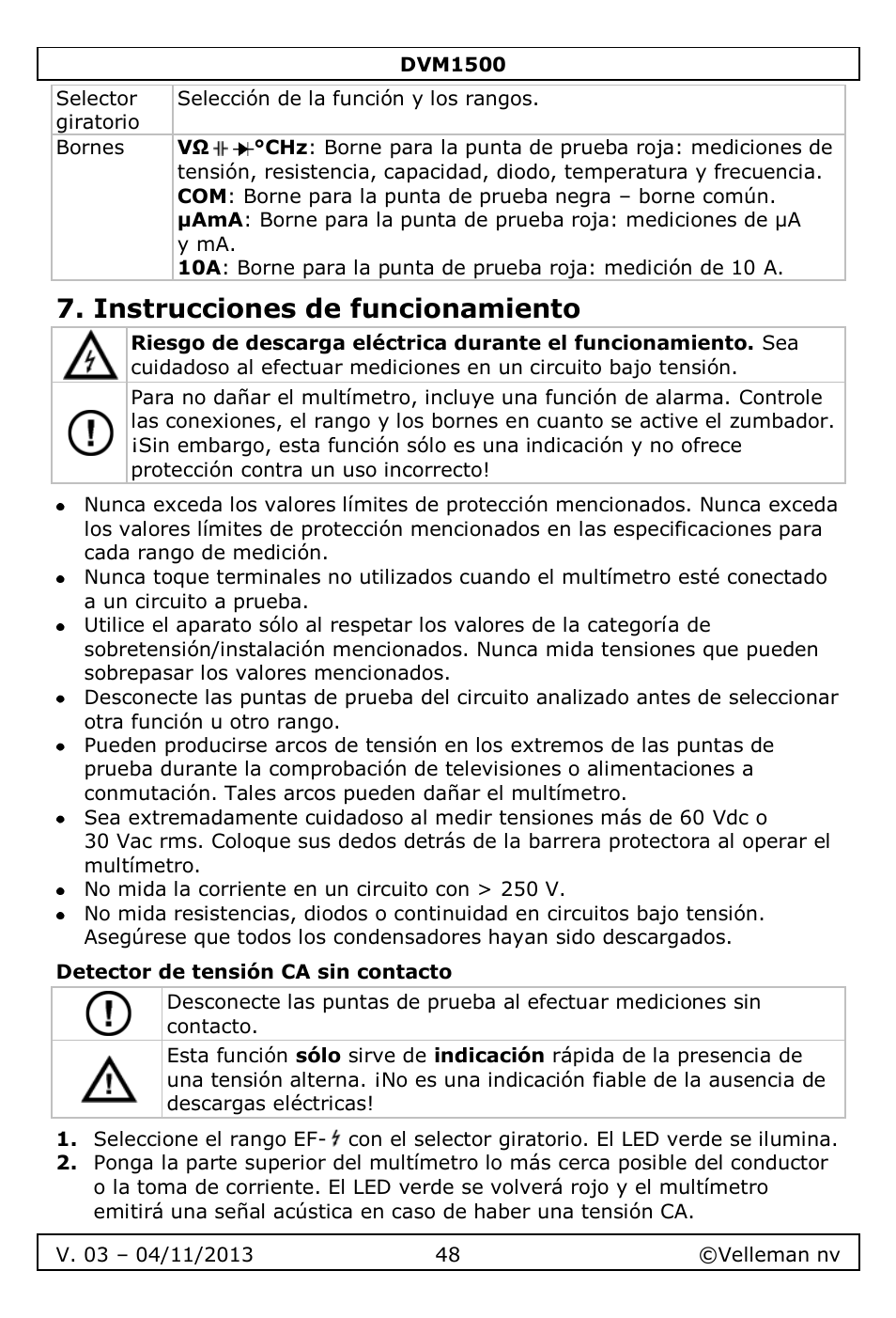 Instrucciones de funcionamiento, Detector de tensión ca sin contacto | Velleman DVM1500 User Manual | Page 48 / 104