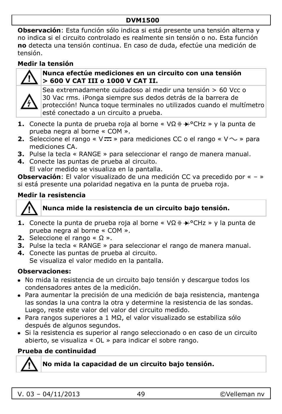 Medir la tensión, Medir la resistencia, Observaciones | Prueba de continuidad | Velleman DVM1500 User Manual | Page 49 / 104