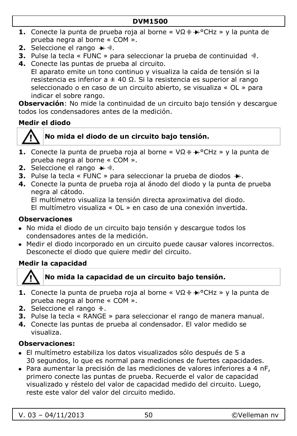 Medir el diodo, Observaciones, Medir la capacidad | Velleman DVM1500 User Manual | Page 50 / 104