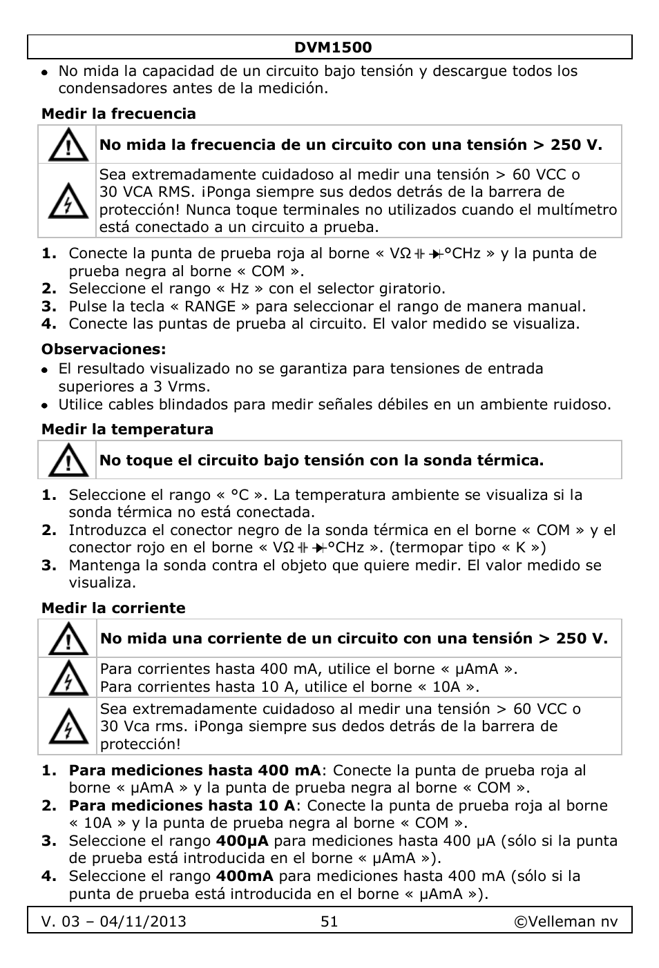 Medir la frecuencia, Observaciones, Medir la temperatura | Medir la corriente | Velleman DVM1500 User Manual | Page 51 / 104