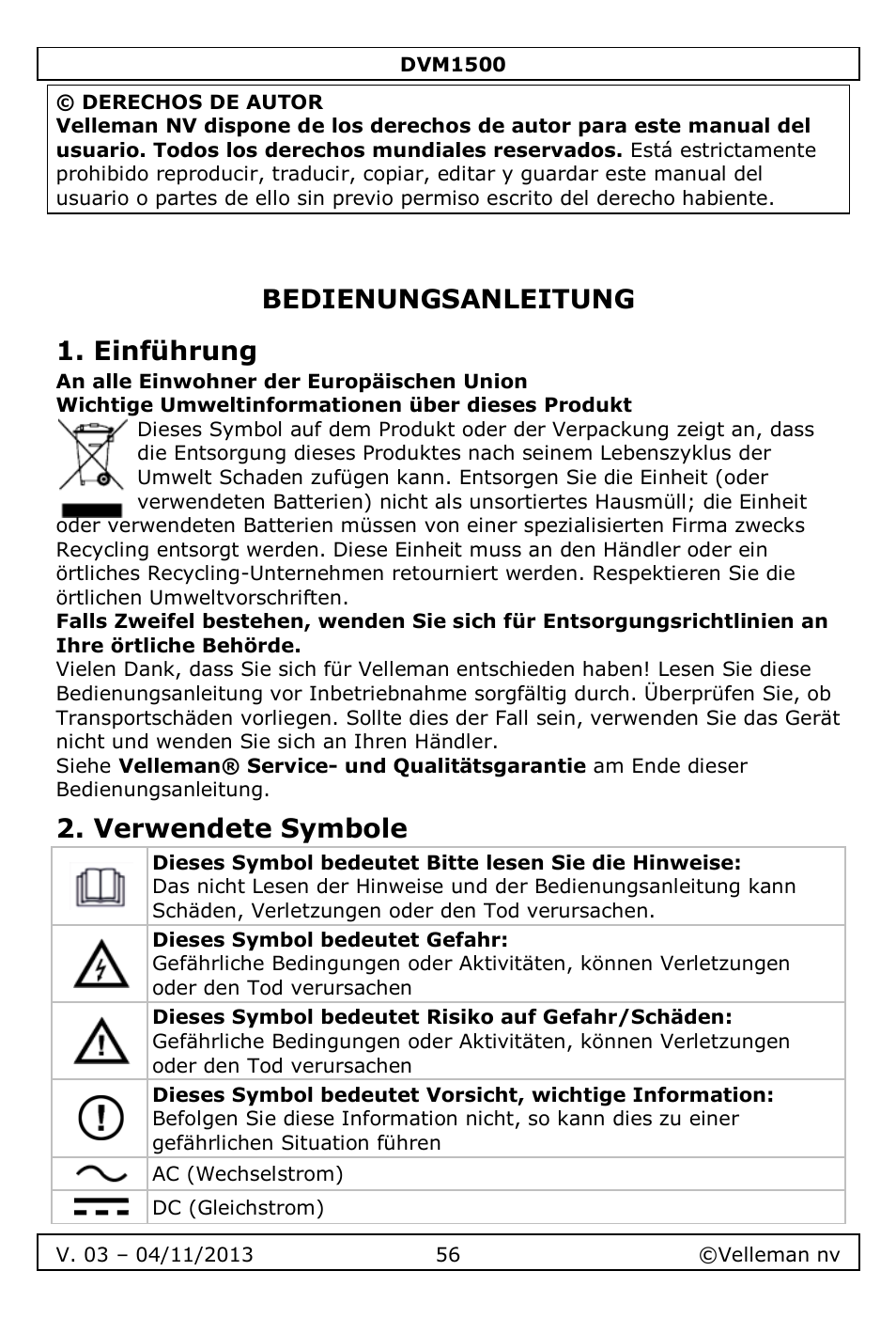 Bedienungsanleitung, Einführung, Verwendete symbole | Bedienungsanleitung 1. einführung | Velleman DVM1500 User Manual | Page 56 / 104