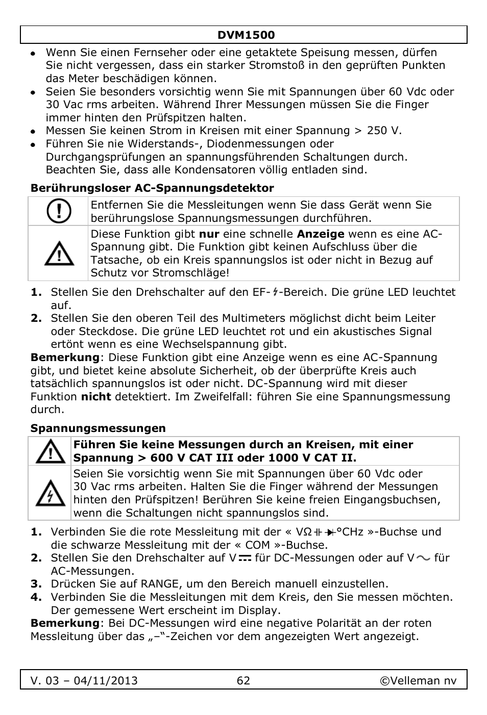 Berührungsloser ac-spannungsdetektor, Spannungsmessungen | Velleman DVM1500 User Manual | Page 62 / 104