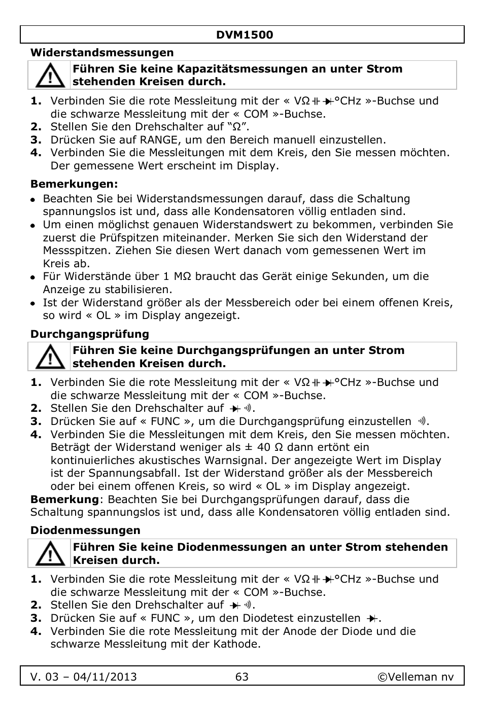 Widerstandsmessungen, Bemerkungen, Durchgangsprüfung | Diodenmessungen | Velleman DVM1500 User Manual | Page 63 / 104