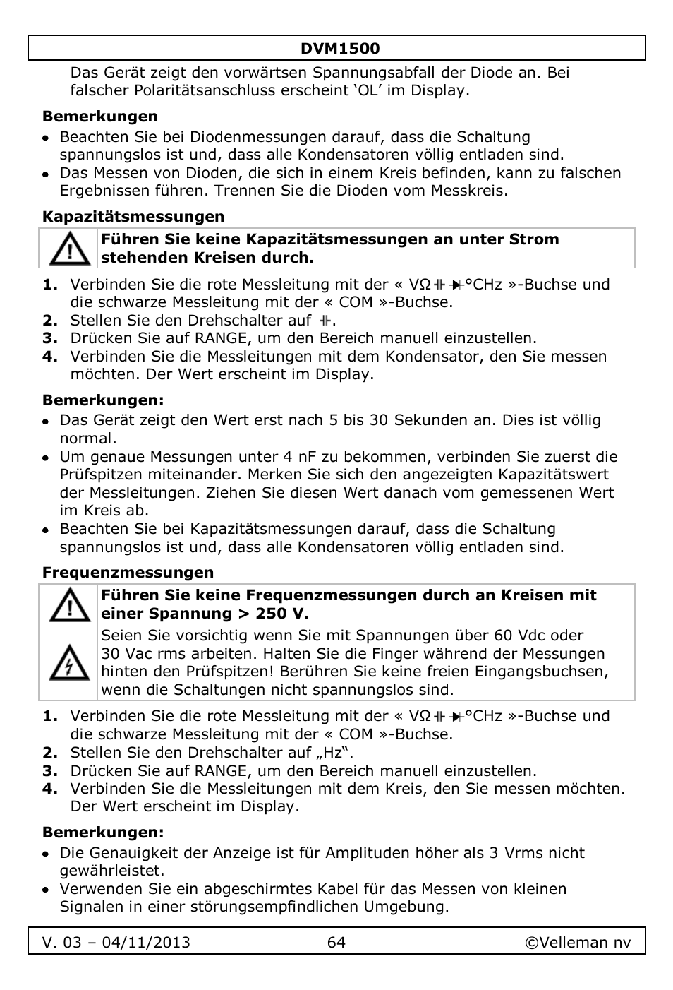 Bemerkungen, Kapazitätsmessungen, Frequenzmessungen | Velleman DVM1500 User Manual | Page 64 / 104