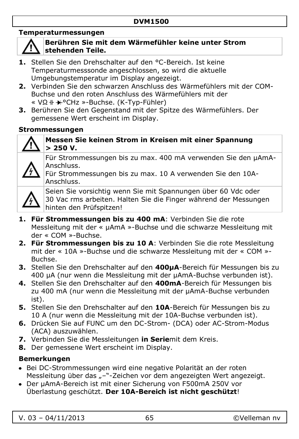 Temperaturmessungen, Strommessungen, Bemerkungen | Velleman DVM1500 User Manual | Page 65 / 104
