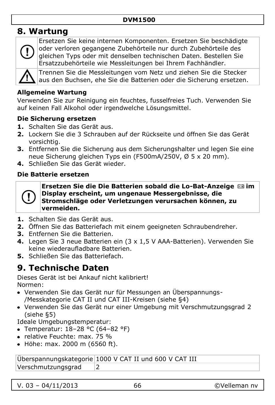 Wartung, Allgemeine wartung, Die sicherung ersetzen | Die batterie ersetzen, Technische daten | Velleman DVM1500 User Manual | Page 66 / 104