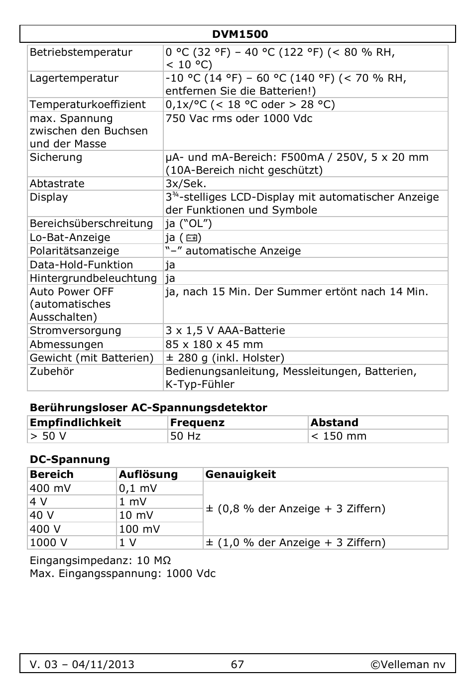 Berührungsloser ac-spannungsdetektor, Dc-spannung | Velleman DVM1500 User Manual | Page 67 / 104