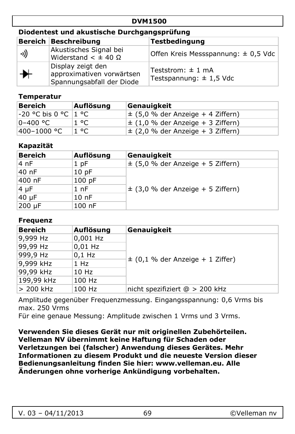 Diodentest und akustische durchgangsprüfung, Temperatur, Kapazität | Frequenz | Velleman DVM1500 User Manual | Page 69 / 104