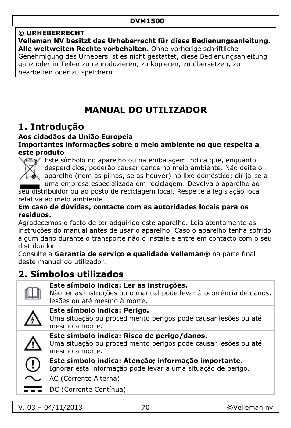 Manual do utilizador, Introdução, Símbolos utilizados | Manual do utilizador 1. introdução | Velleman DVM1500 User Manual | Page 70 / 104