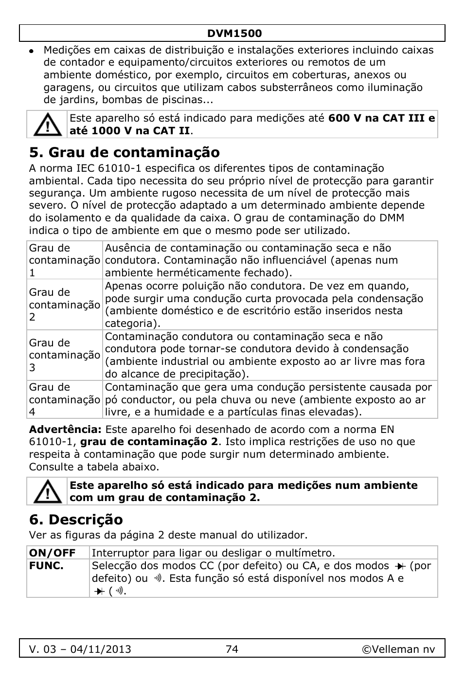 Grau de contaminação, Descrição | Velleman DVM1500 User Manual | Page 74 / 104