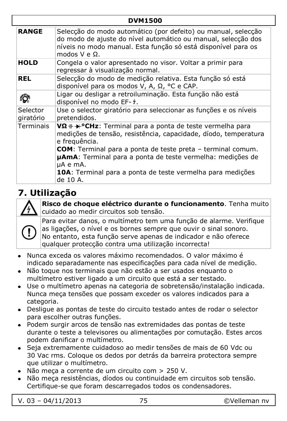 Utilização | Velleman DVM1500 User Manual | Page 75 / 104