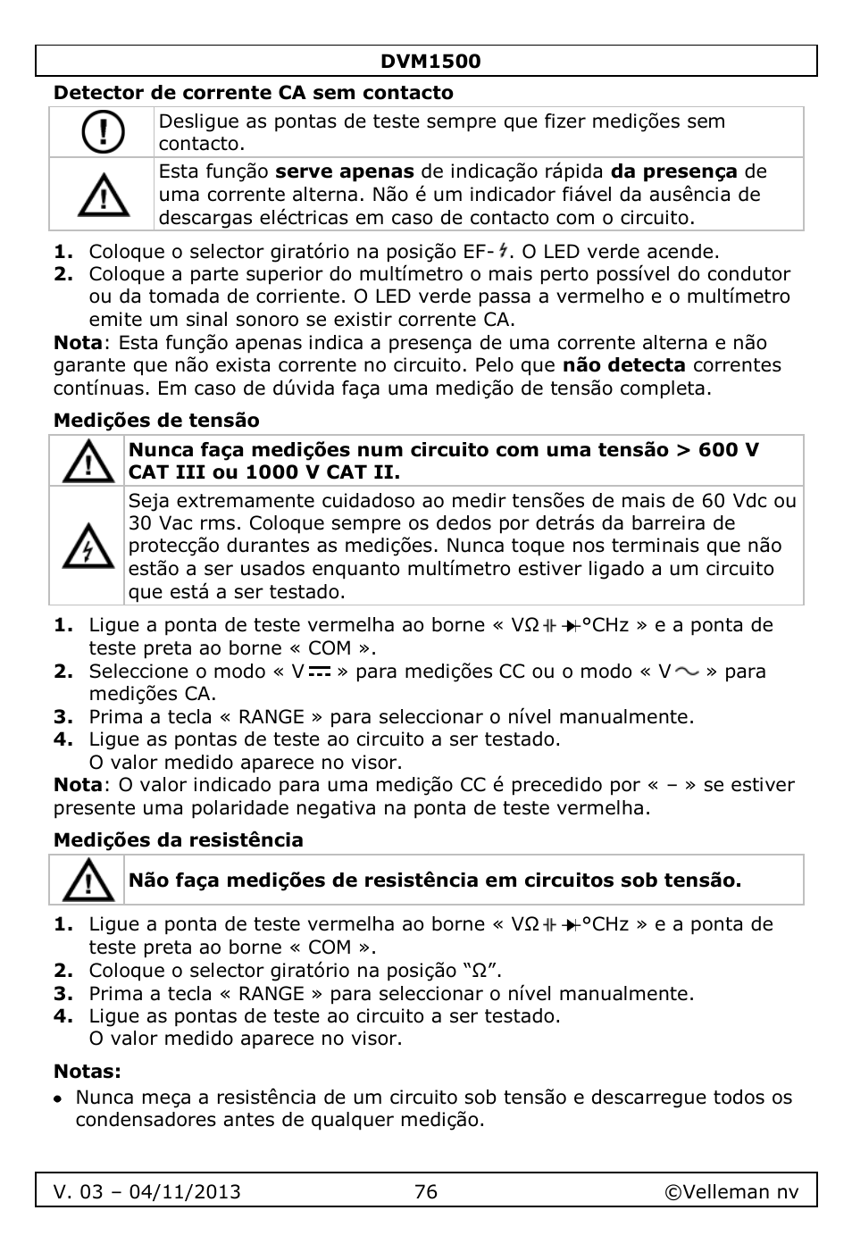 Detector de corrente ca sem contacto, Medições de tensão, Medições da resistência | Notas | Velleman DVM1500 User Manual | Page 76 / 104